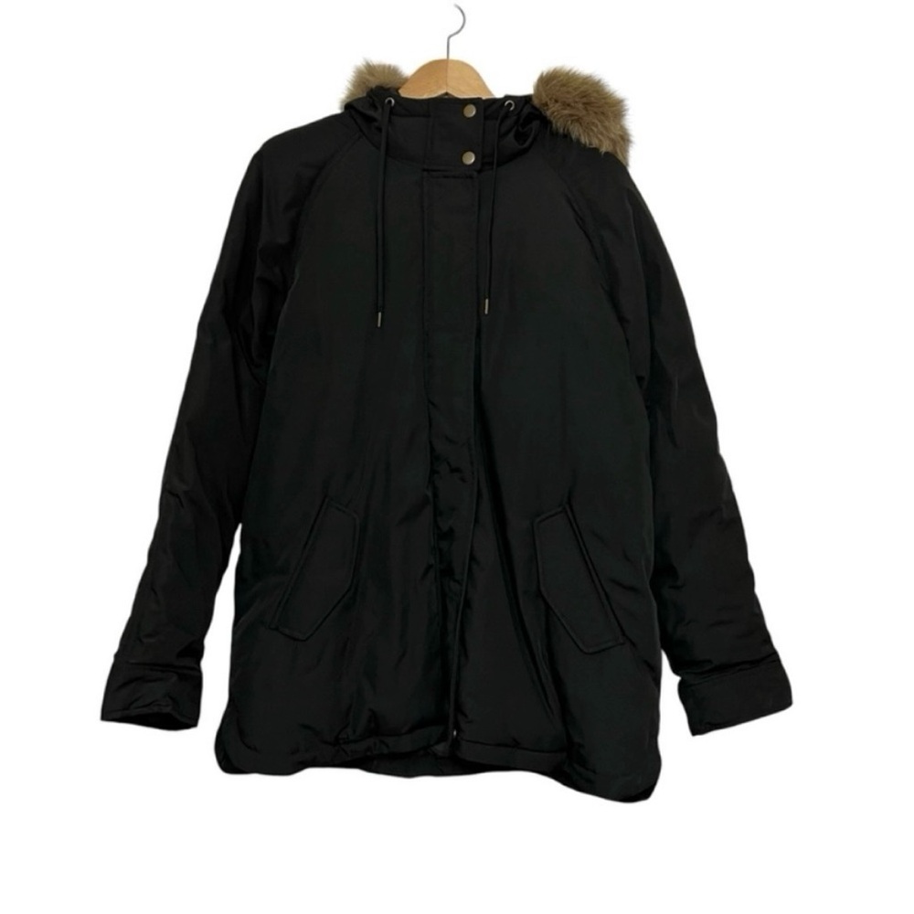 Black Winter Parker Coat Jacket w/ Faux Fur Trim Hood Sz L